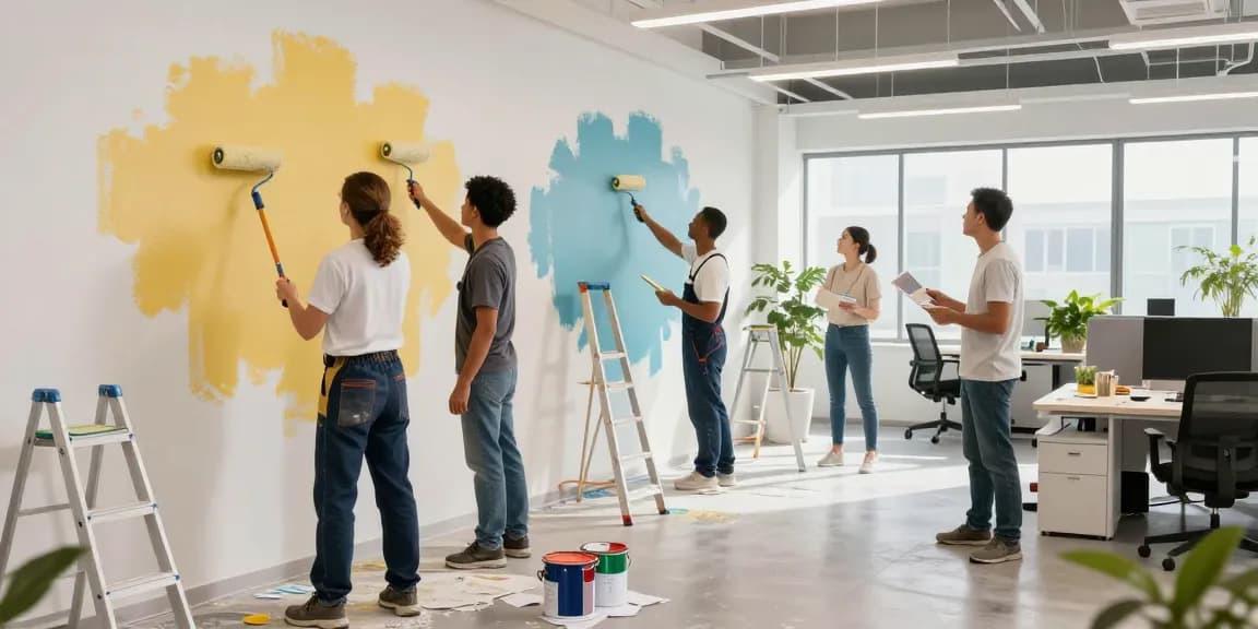 Commercial painters Sarasota County FL transforming an office space with fresh colors, creating a welcoming atmosphere.