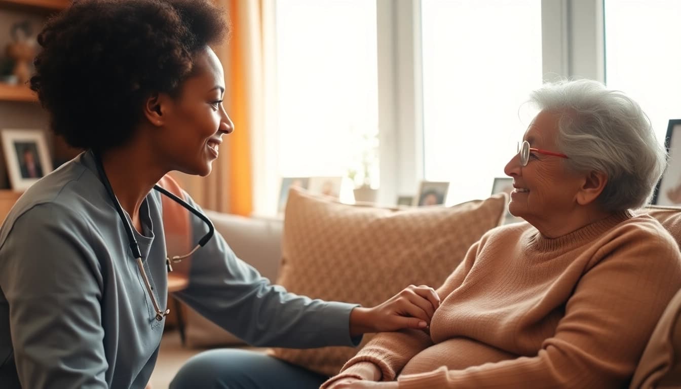 Austin senior home care showcasing a caregiver comforting an elderly woman in a cozy living room.