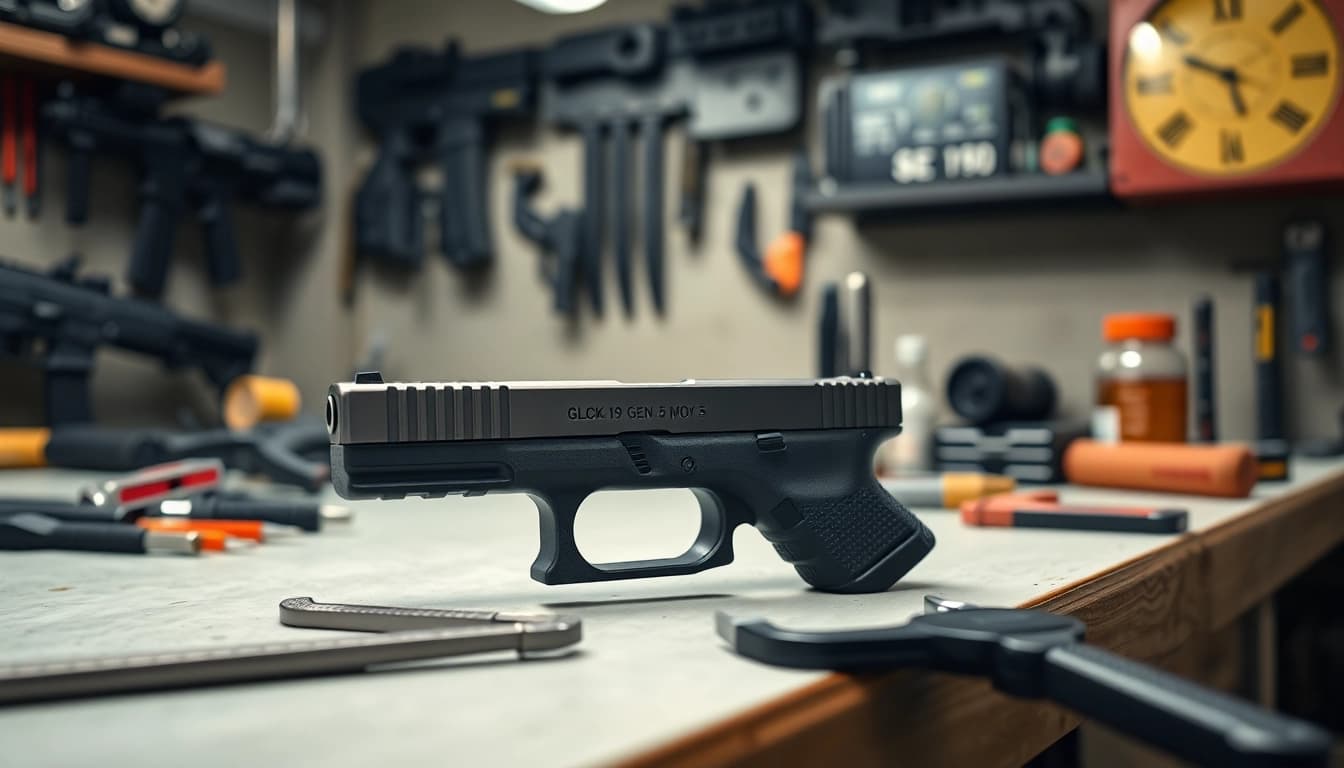 Examine the Glock 19 Gen 5 MOS OEM Slide showcasing its design and precision on a workbench.