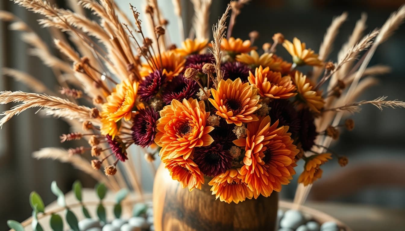 Beautiful dried blooms arranged in a rustic wooden vase showcasing vibrant colors and textures.