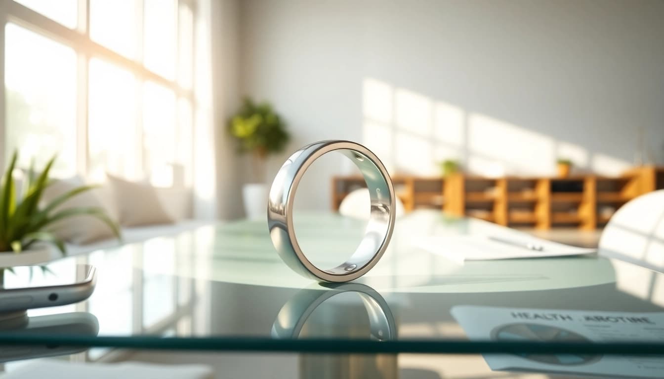 Showcasing a Smart Health Ring on a sleek table, emphasizing its elegant design and health monitoring capabilities.