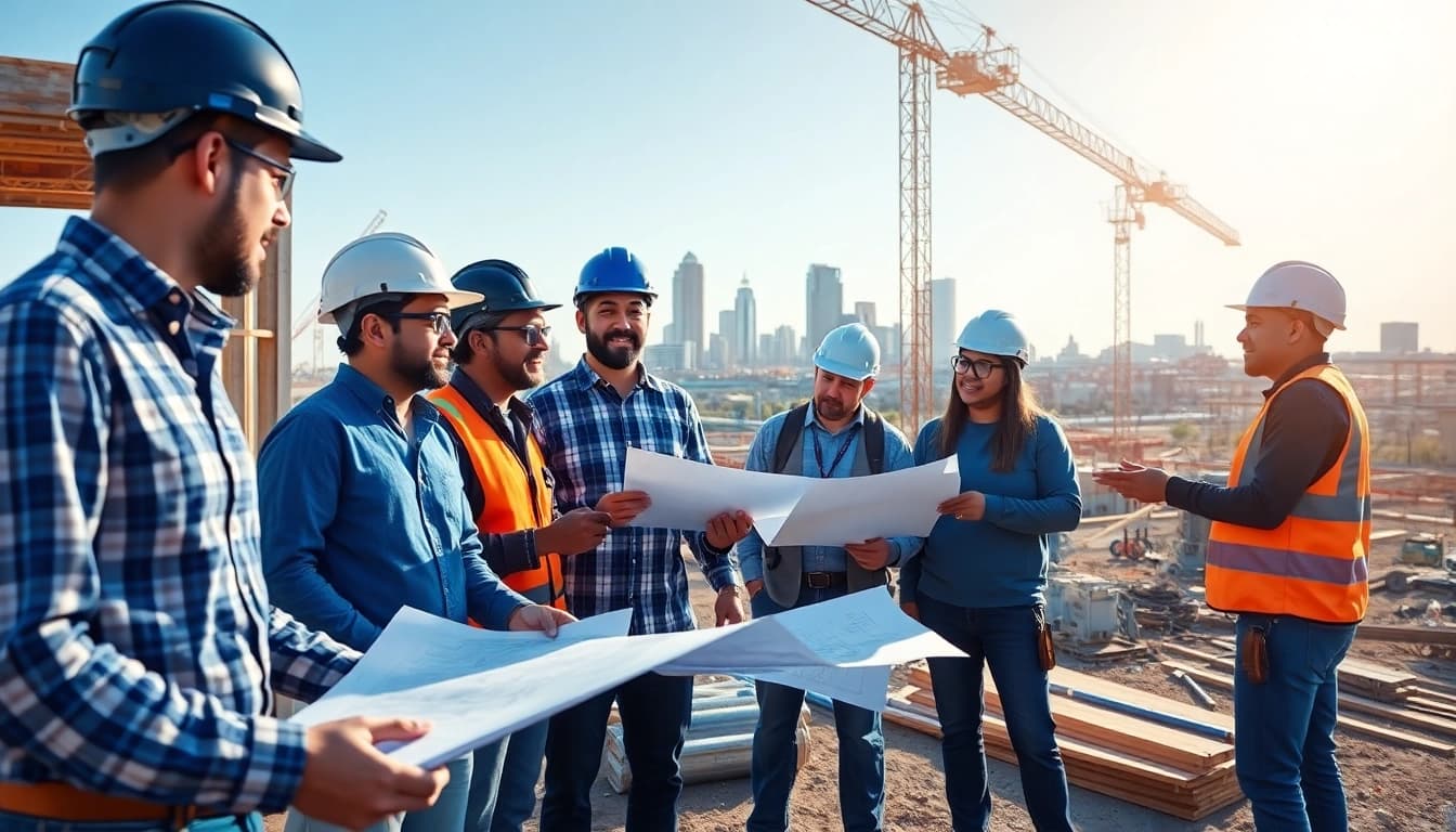 Workers collaborating on an Austin construction project at a vibrant construction site.