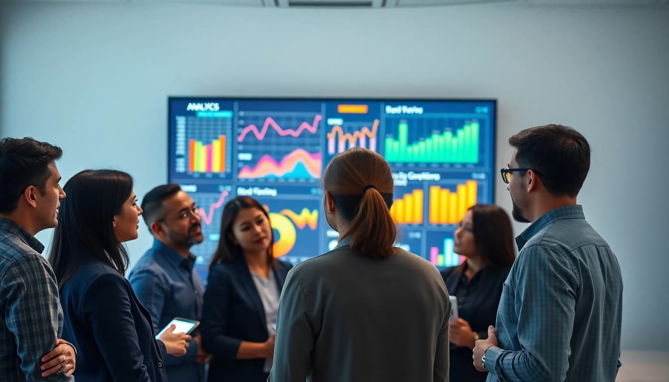 Analyze insights with a content analytics tool for sales teams in a collaborative office setting.