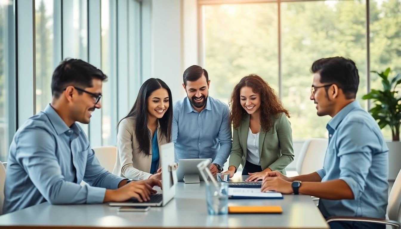 Demonstrating enterprise assistant software with professionals collaborating in a modern office setting.