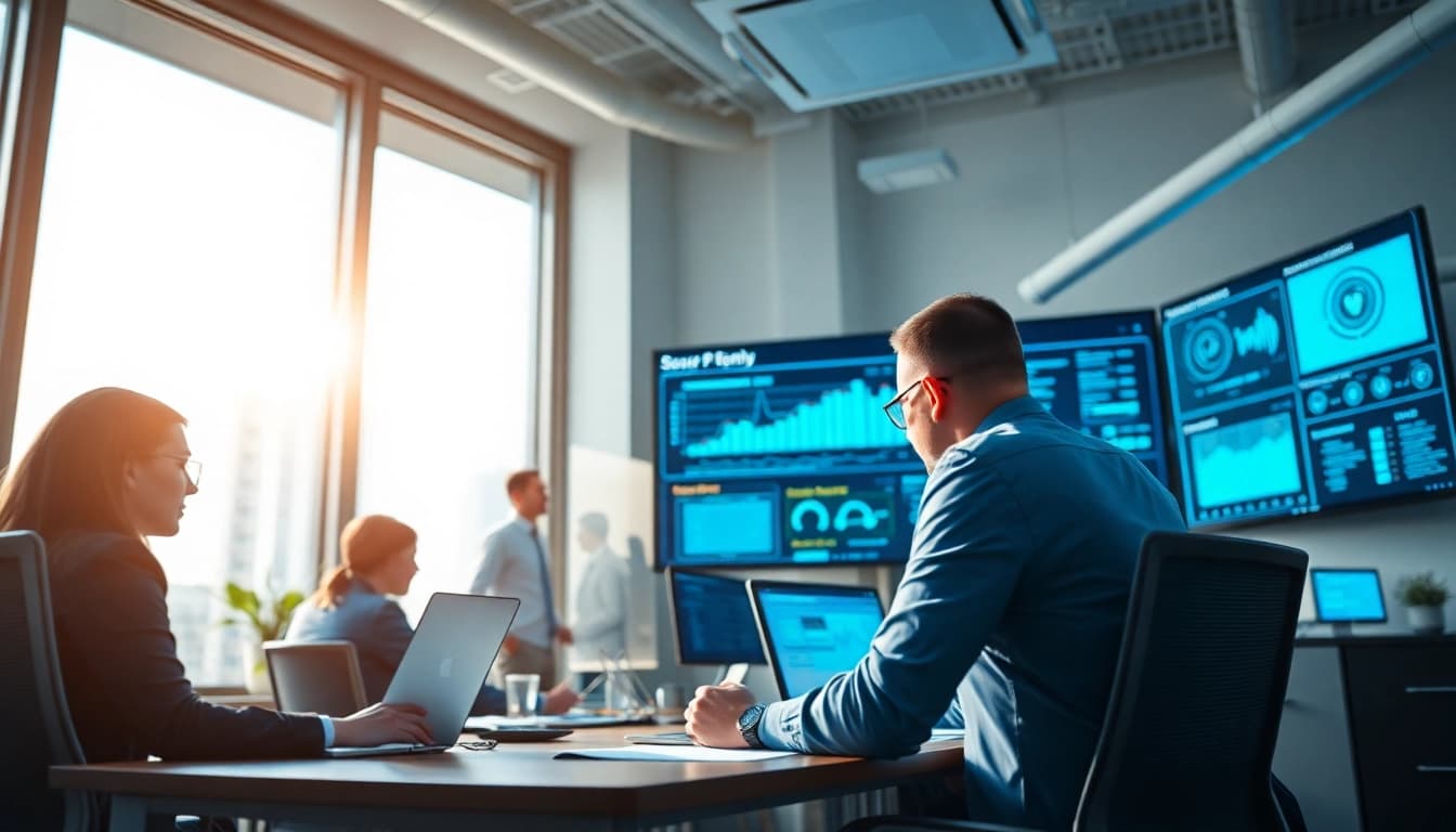 Managed Cybersecurity Tampa professionals in a modern office setting, monitoring digital security systems.