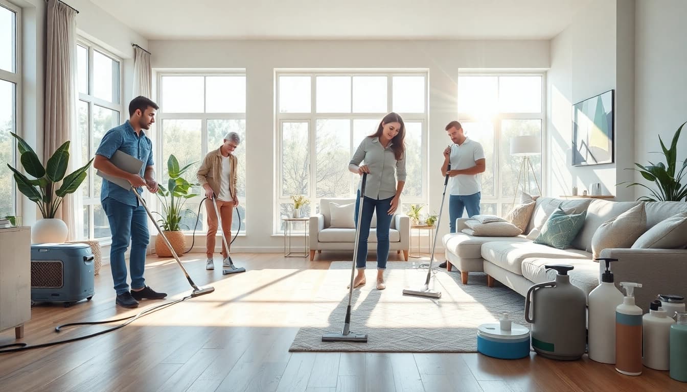 Efficient cleaning service team revitalizing a modern living room with professional care.