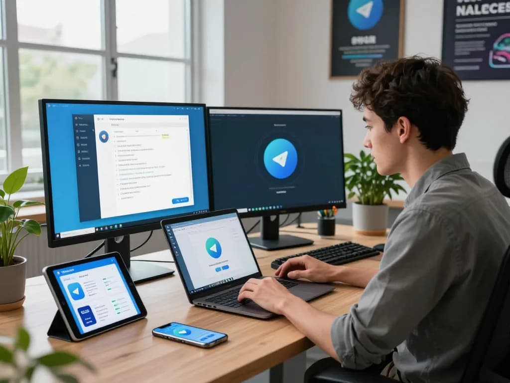 Developer optimizing Telegram 电脑版 in a modern tech workspace with multiple screens and gadgets.