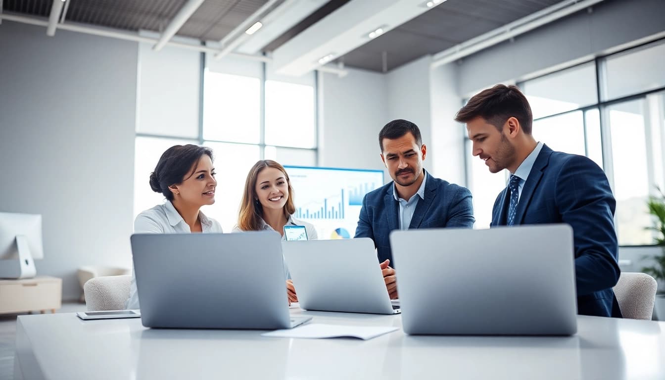 Analyzing competitive intelligence data by a professional team in a modern office setting.