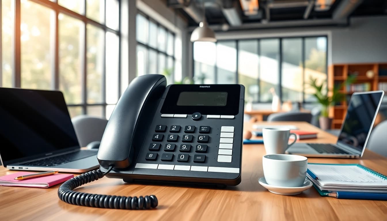 Streamlined VoIP business phone on a professional desk setting, enhancing workplace efficiency.