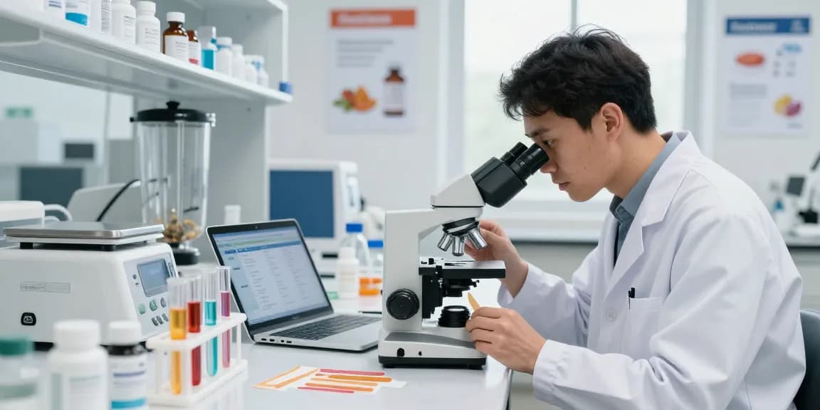 BPC 157 Benefits highlighted in a modern lab with scientist analyzing layered buccal strips.