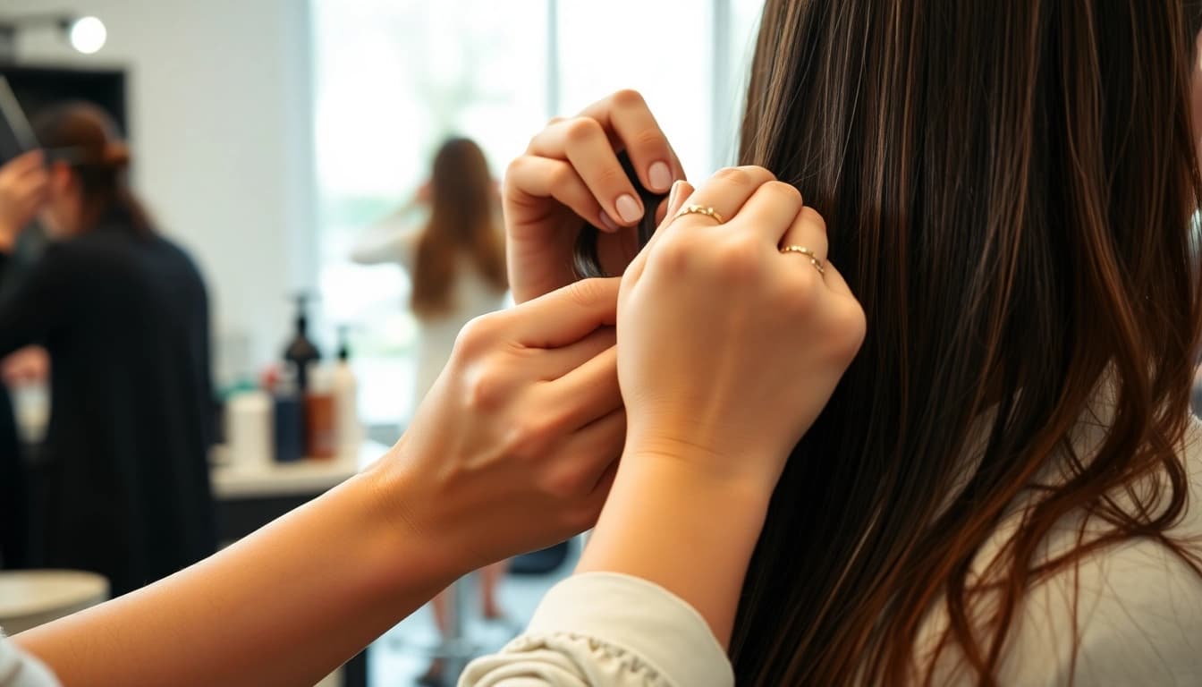 Apply sew in weft hair extensions with precision while showcasing shiny, natural hair.