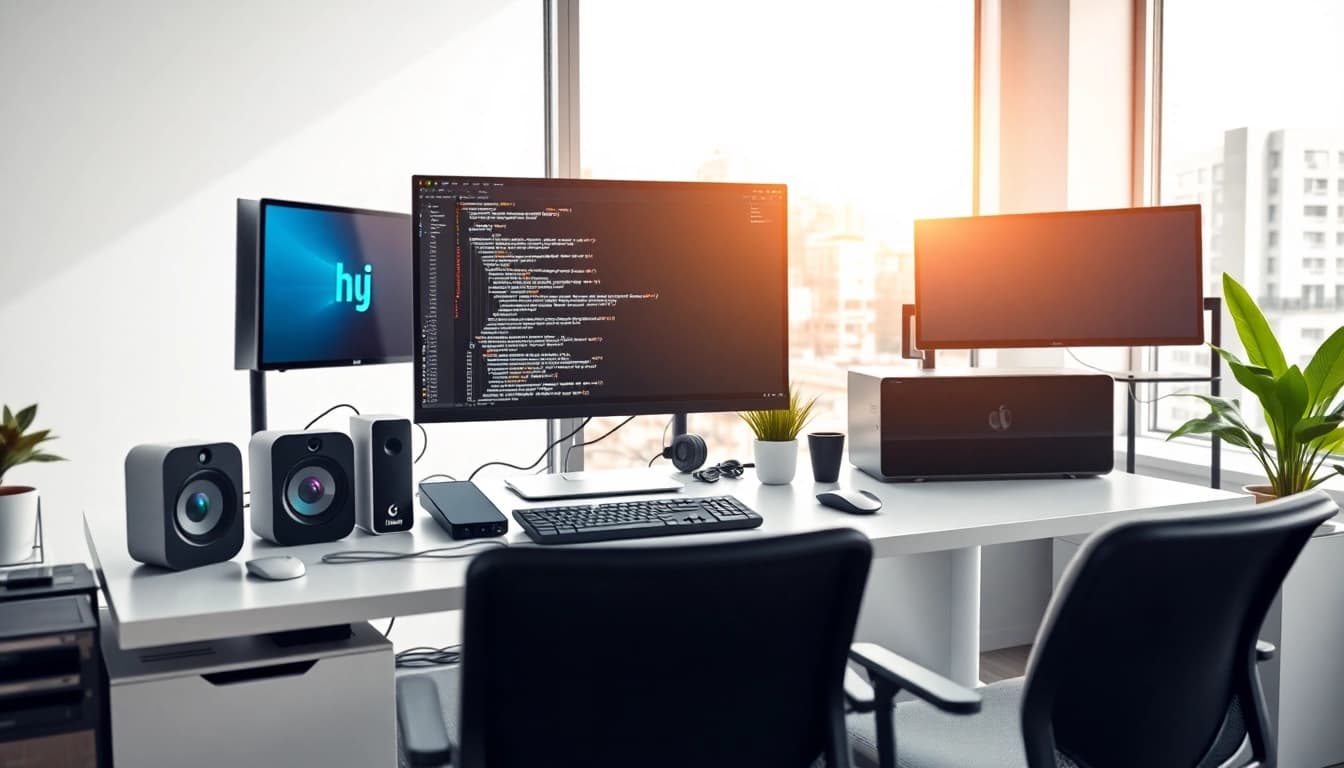 zirvegrupbilgisayar'da modern bir bilgisayar kurulumunu gösteren ofis alanı.