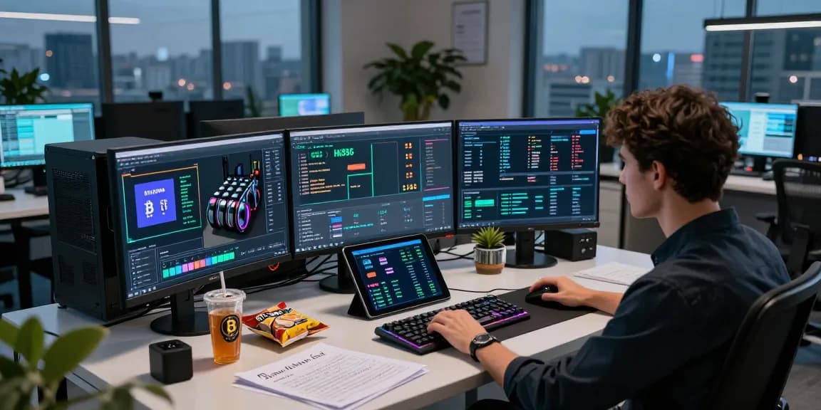 Bitcoin mining website workspace with advanced tech setup showcasing cryptocurrency profitability and security strategies in a modern office.
