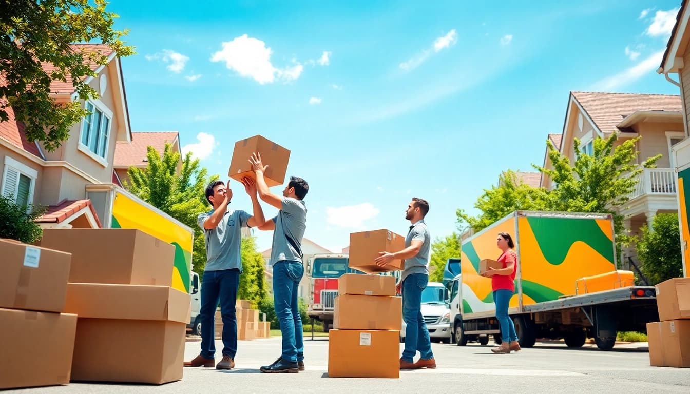 Moving companies in vinice team working efficiently in a bright urban setting with moving boxes.