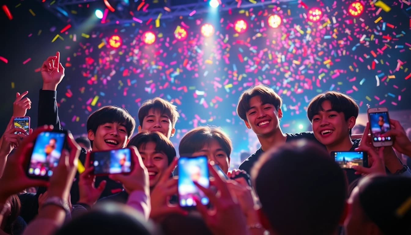 BTS news highlights members celebrating a new release with enthusiastic fans at a vibrant concert.