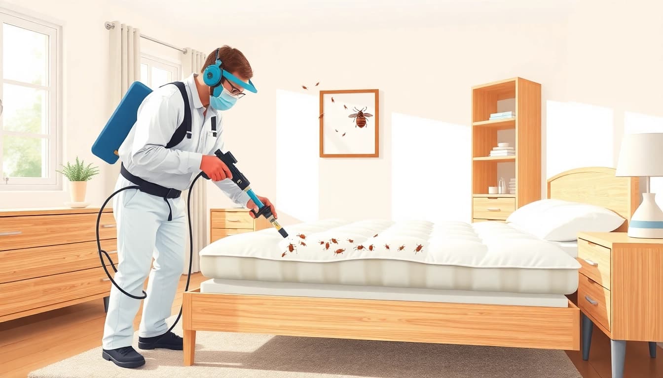 Professional bed bug pest control technician inspecting a mattress in a clean bedroom setting.