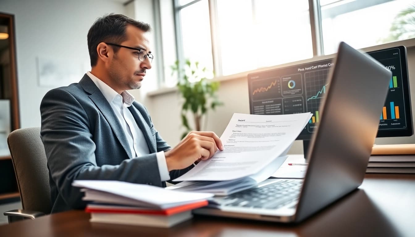 Consultant examining grants and pre-post award compliance documents in an office setting.