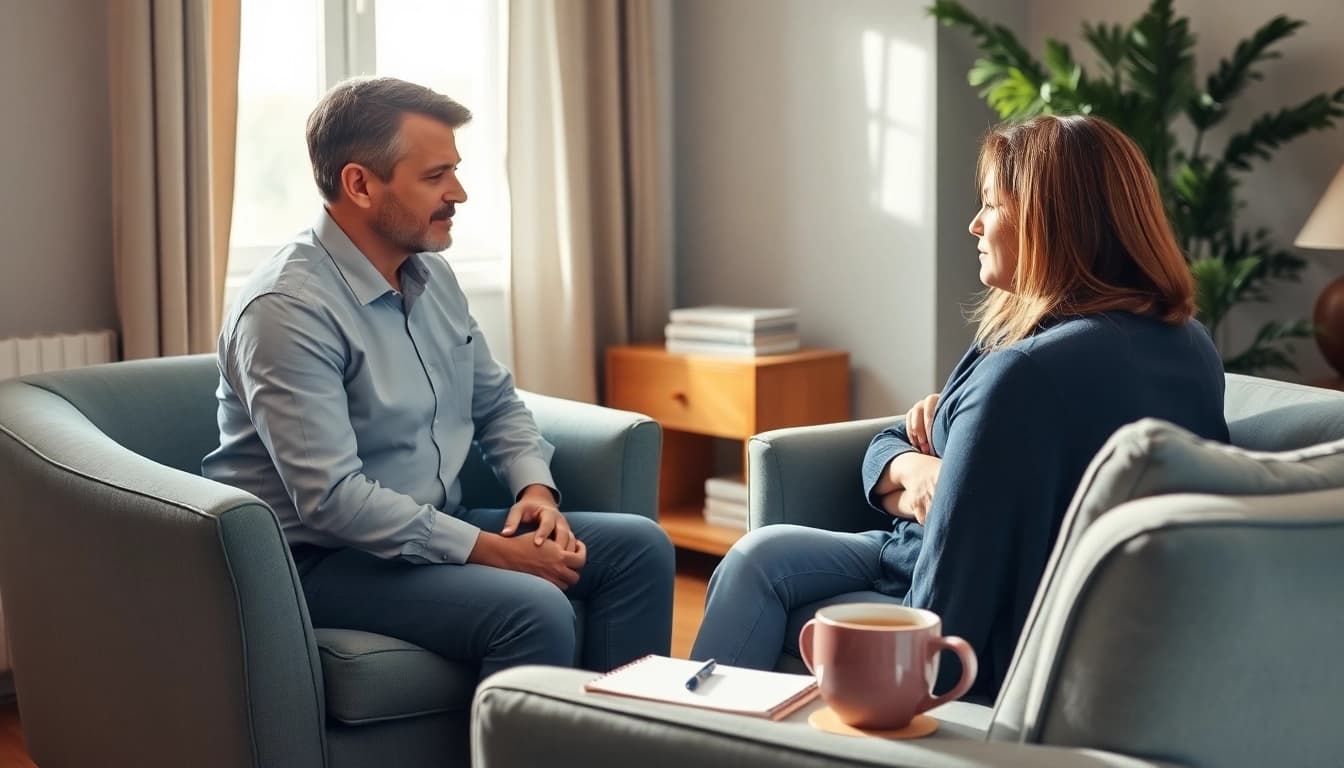 Anxiety symptoms discussed in a calming therapy session with a caring therapist.