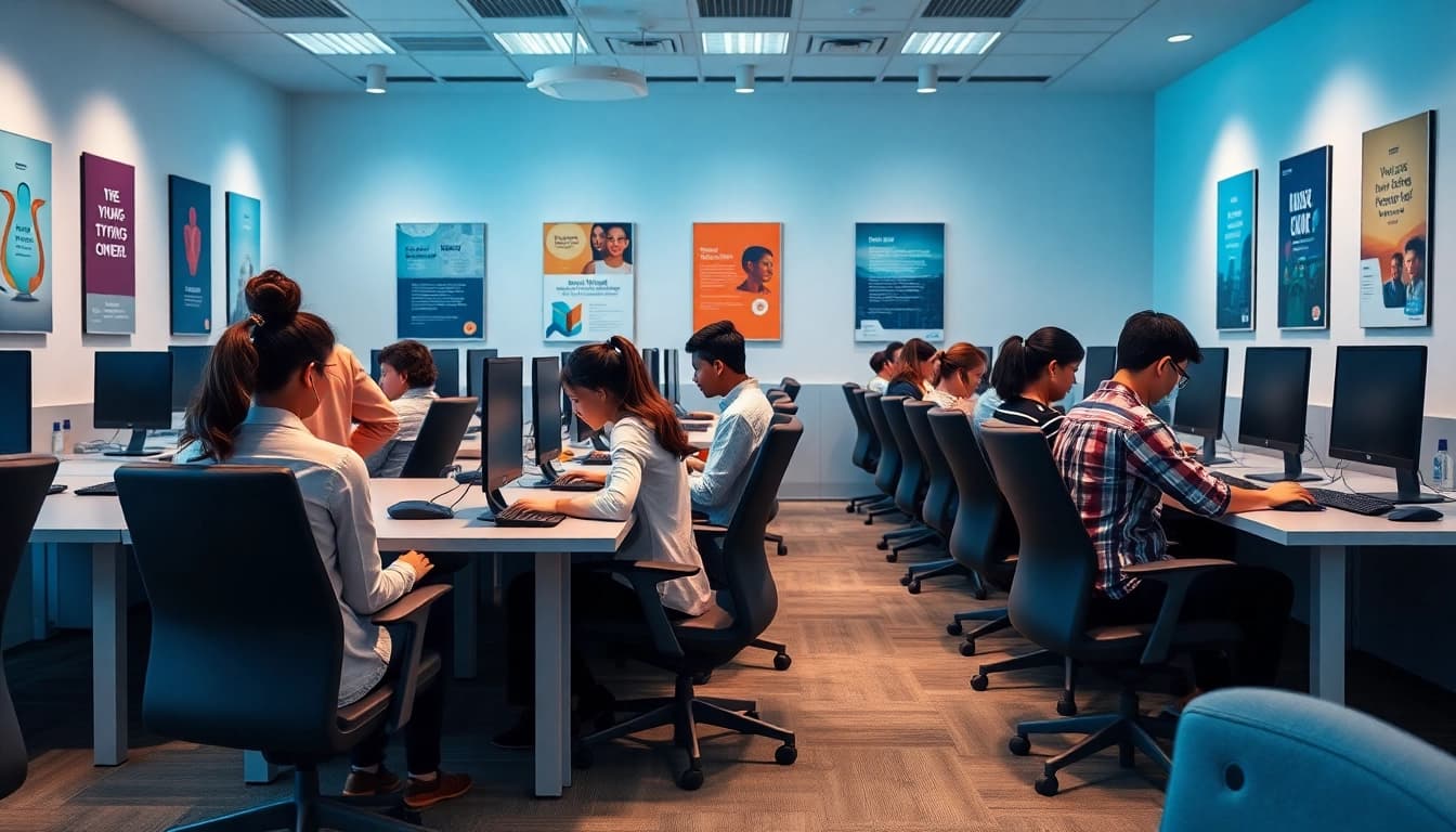 Individuals engaged in typing practice at a professional typing center with motivating surroundings.