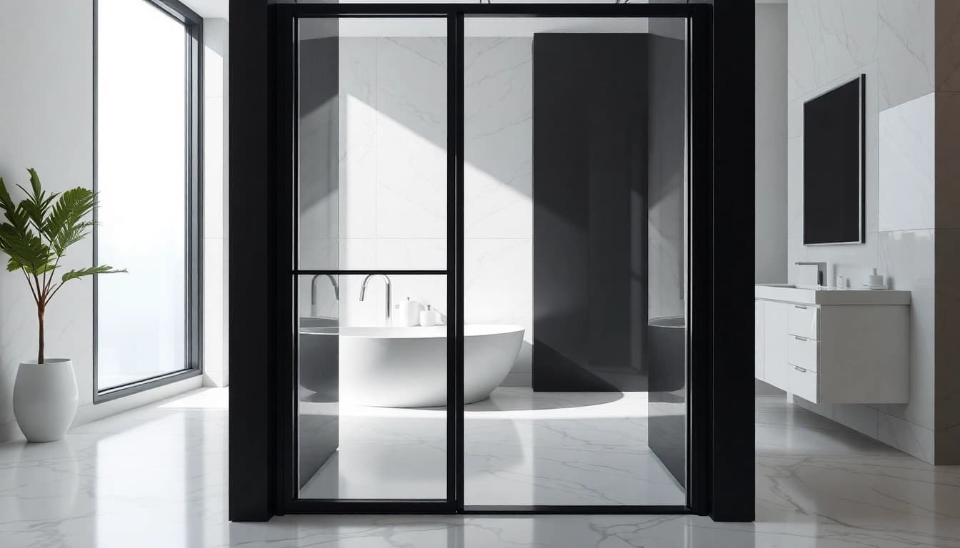 Install a stylish black frame shower door in your bathroom design for a sleek look.
