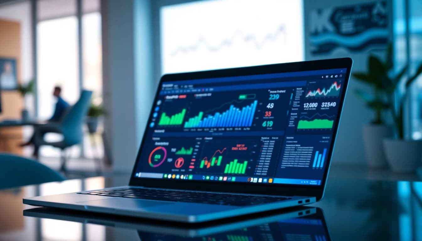 Visualizing AI for competitive intelligence tools with data analytics on a laptop in a modern office.