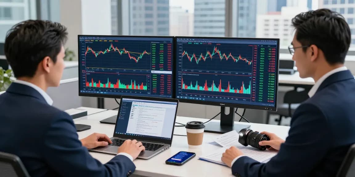 Trader analyzing NASDAQ live data on multiple screens in a modern office.