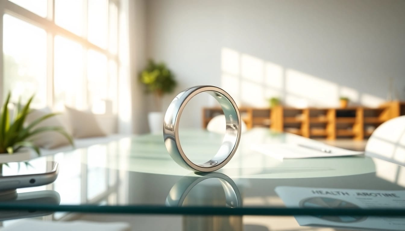 Showcasing a Smart Health Ring on a sleek table, emphasizing its elegant design and health monitoring capabilities.