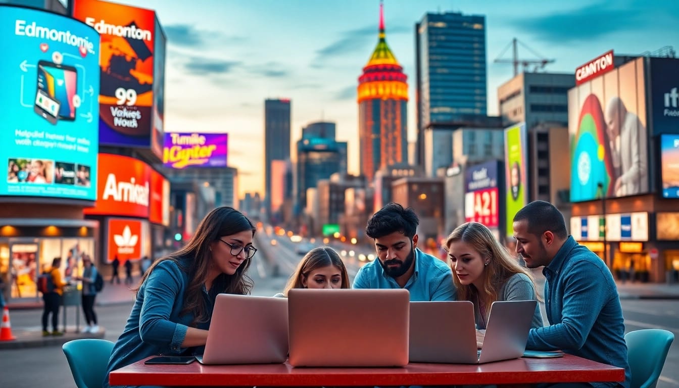 Boosting online marketing edmonton with collaborative marketing strategies in a vibrant cityscape.