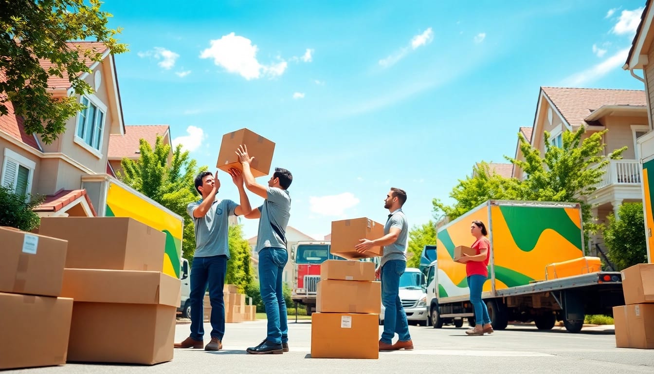 Moving companies in vinice team working efficiently in a bright urban setting with moving boxes.