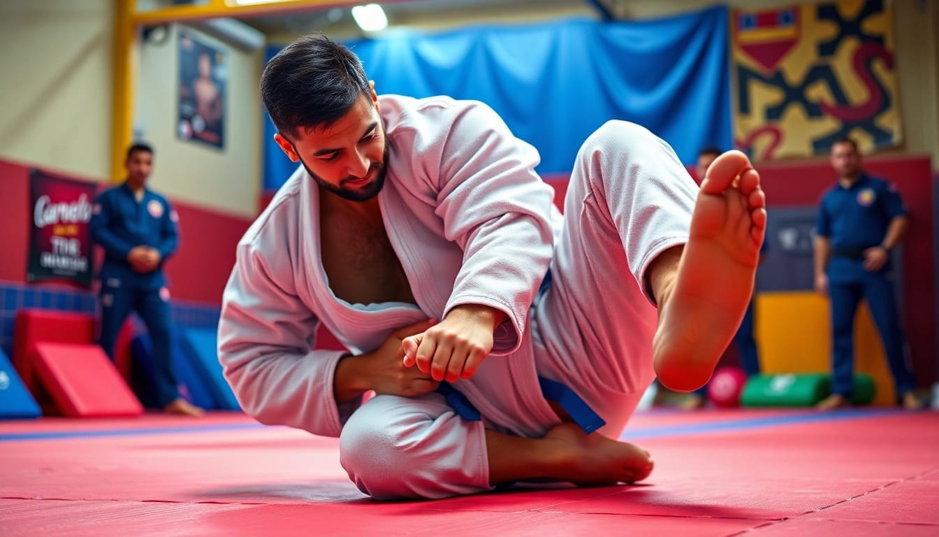 Practitioner showcasing BJJ gear during a training session in an energetic dojo.