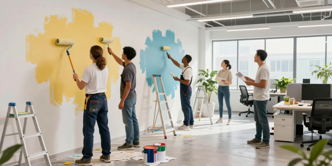Commercial painters Sarasota County FL transforming an office space with fresh colors, creating a welcoming atmosphere.