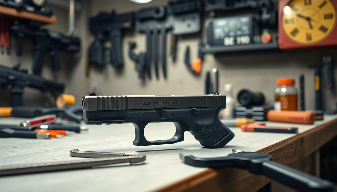 Examine the Glock 19 Gen 5 MOS OEM Slide showcasing its design and precision on a workbench.