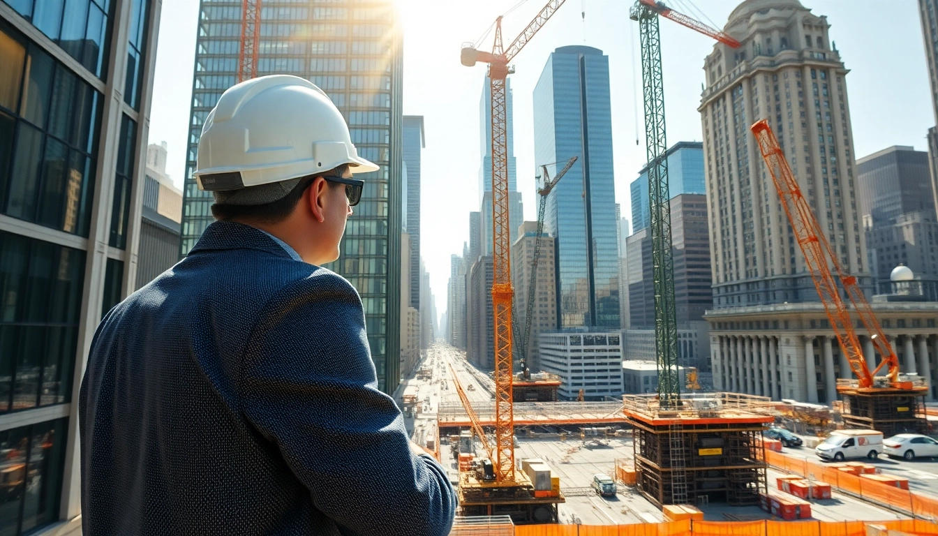 Manhattan Commercial General Contractor supervising vibrant construction worksite in NYC, reflecting urban energy.