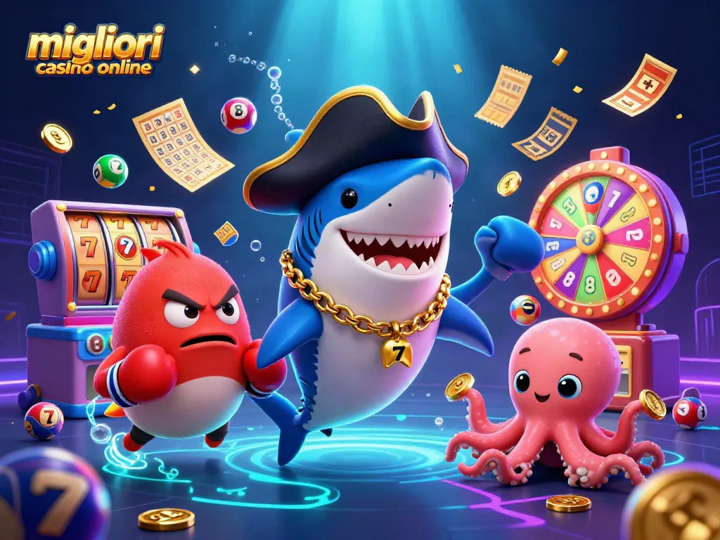 Scopri i migliori casino online attraverso questa illustrazione vivace con creature marine e giochi d'azzardo.