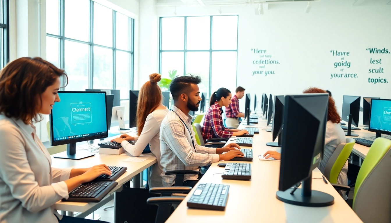Individuals focusing in a typing center, showcasing diverse tasks and modern equipment.