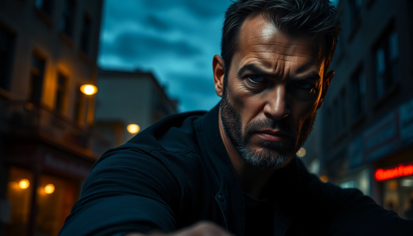 Capture of a rugged hero from a Clean action thriller, showcasing determination amid an urban backdrop.