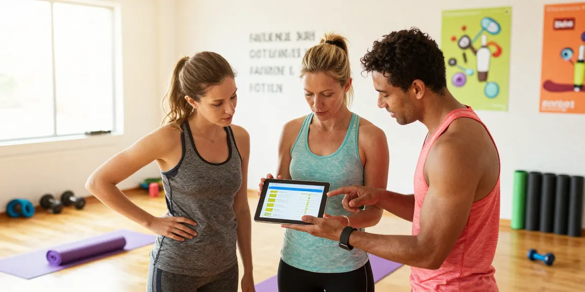 Group discussing goals with the best nutrition tracking app in a bright fitness studio