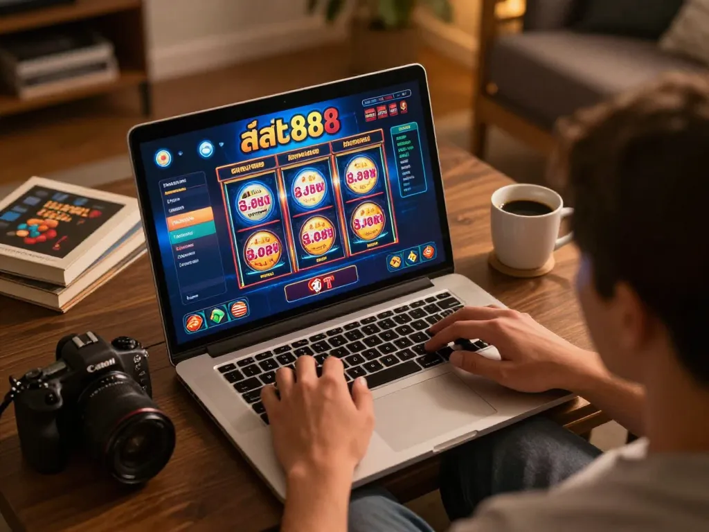 Engaged player enjoying สล็อต888 on laptop at home, emphasizing responsible gaming in a cozy atmosphere.