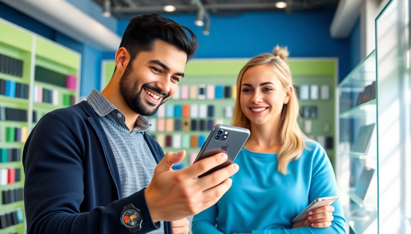 Sell phone cash near me in a friendly mobile device exchange environment, showcasing customer interaction.