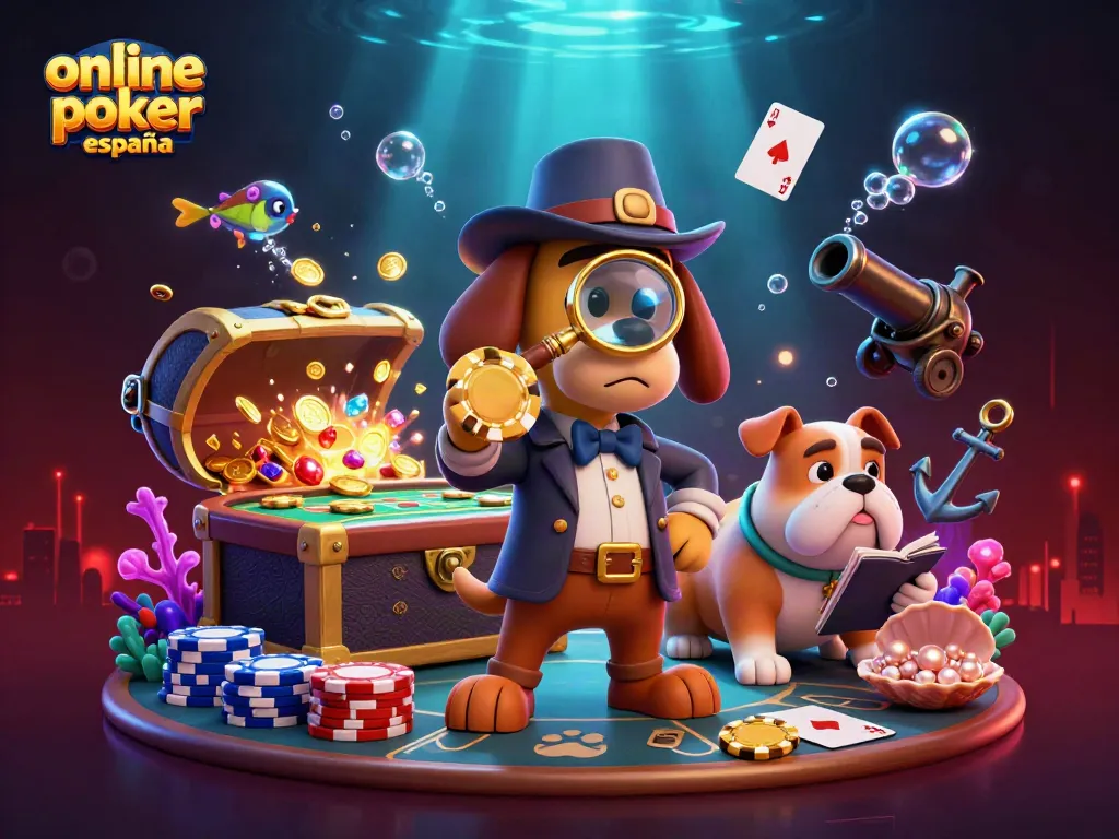 Jugar al poker online en España con un detective y su compañero bulldog buscando pistas en un entorno de tesoros.