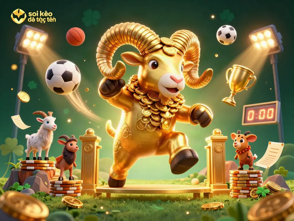 Soi kèo bóng đá trực tuyến với hình ảnh chú ram vàng mang tính biểu tượng và các yếu tố thể thao sinh động.
