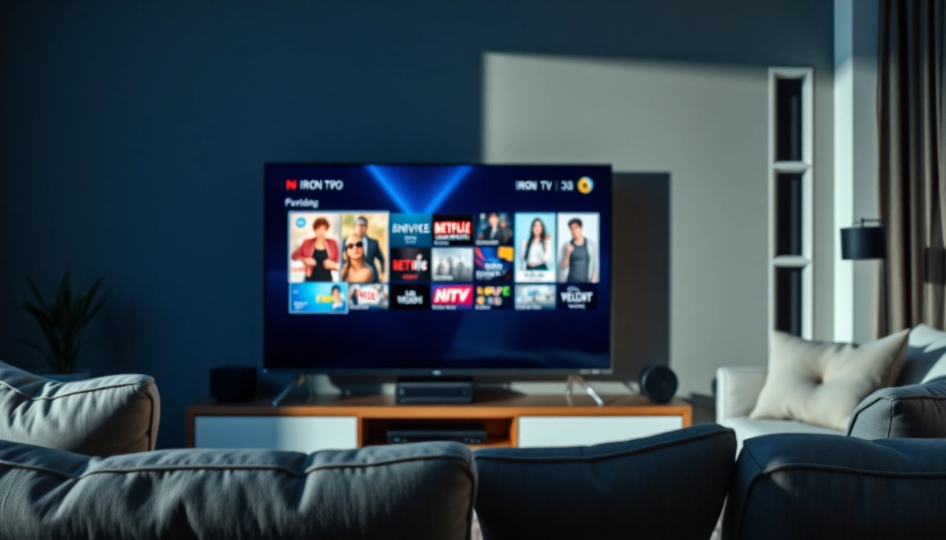 Showcase the iron tv pro interface on a sleek TV in a cozy entertainment space.