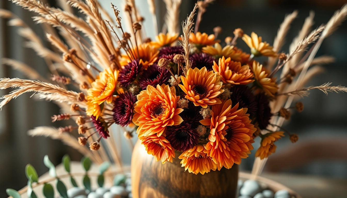 Beautiful dried blooms arranged in a rustic wooden vase showcasing vibrant colors and textures.