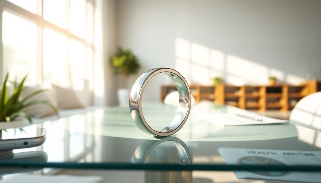 Showcasing a Smart Health Ring on a sleek table, emphasizing its elegant design and health monitoring capabilities.