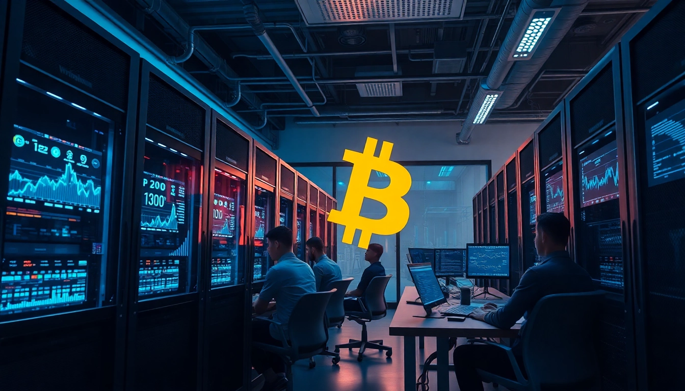 Visual representation of bitcoin cloud mining technology in a modern office setup.