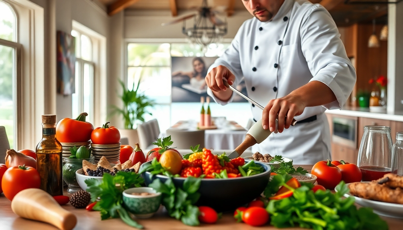 Delight in St Martin Private Chef crafting a gourmet meal in a luxurious kitchen setting.
