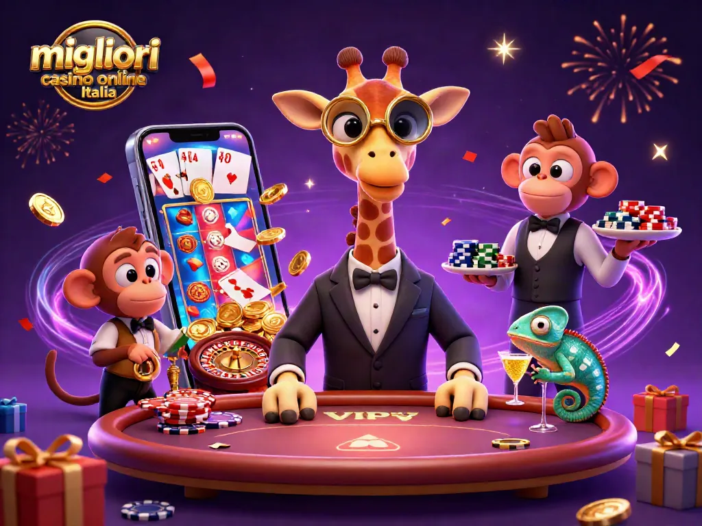 Visualizza i migliori casinò online Italia con giraffa high-roller e valet scimmia, circondati da elementi di gioco.