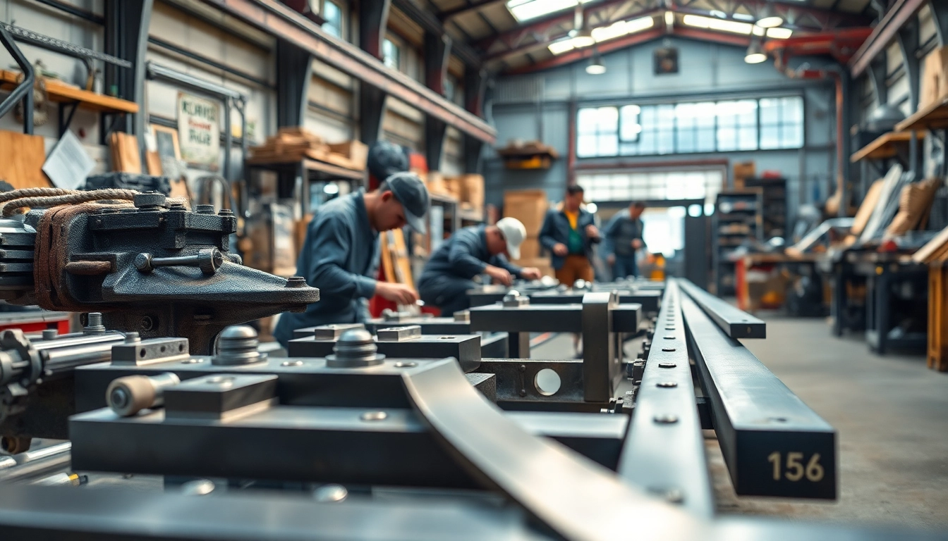 Crafting custom steel fabrication in a vibrant workshop with skilled artisans and detailed machinery.