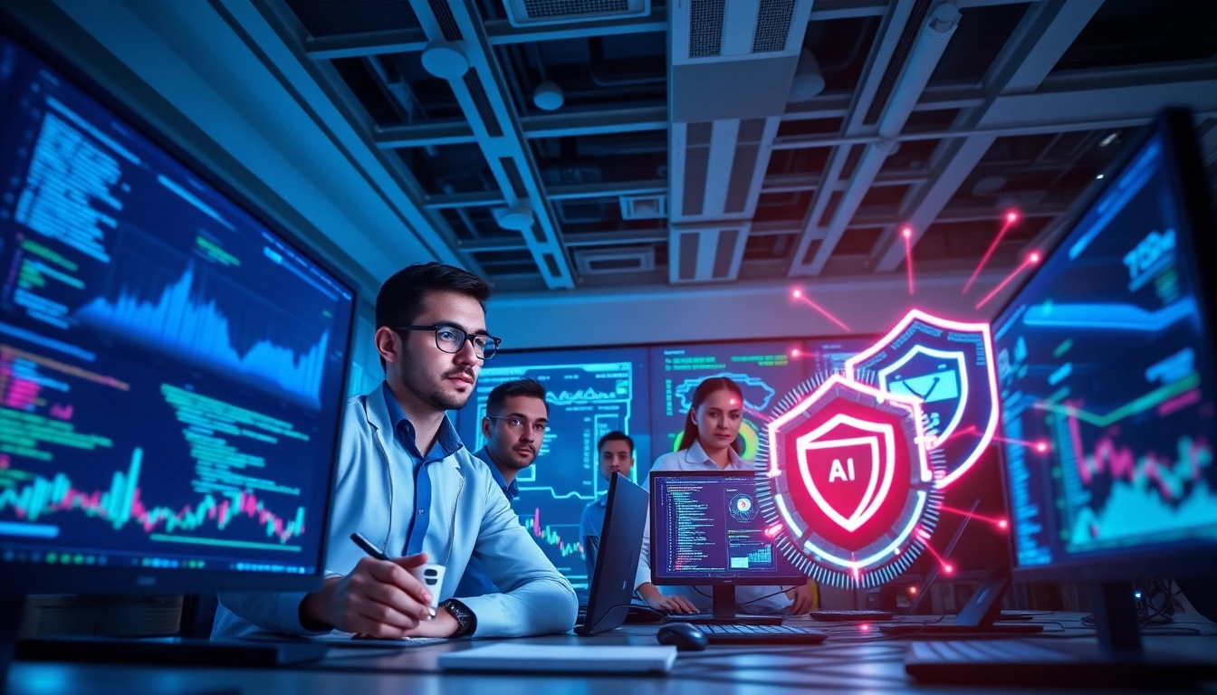 Cybersecurity AI specialists analyzing data in a modern lab, showcasing innovative technology.