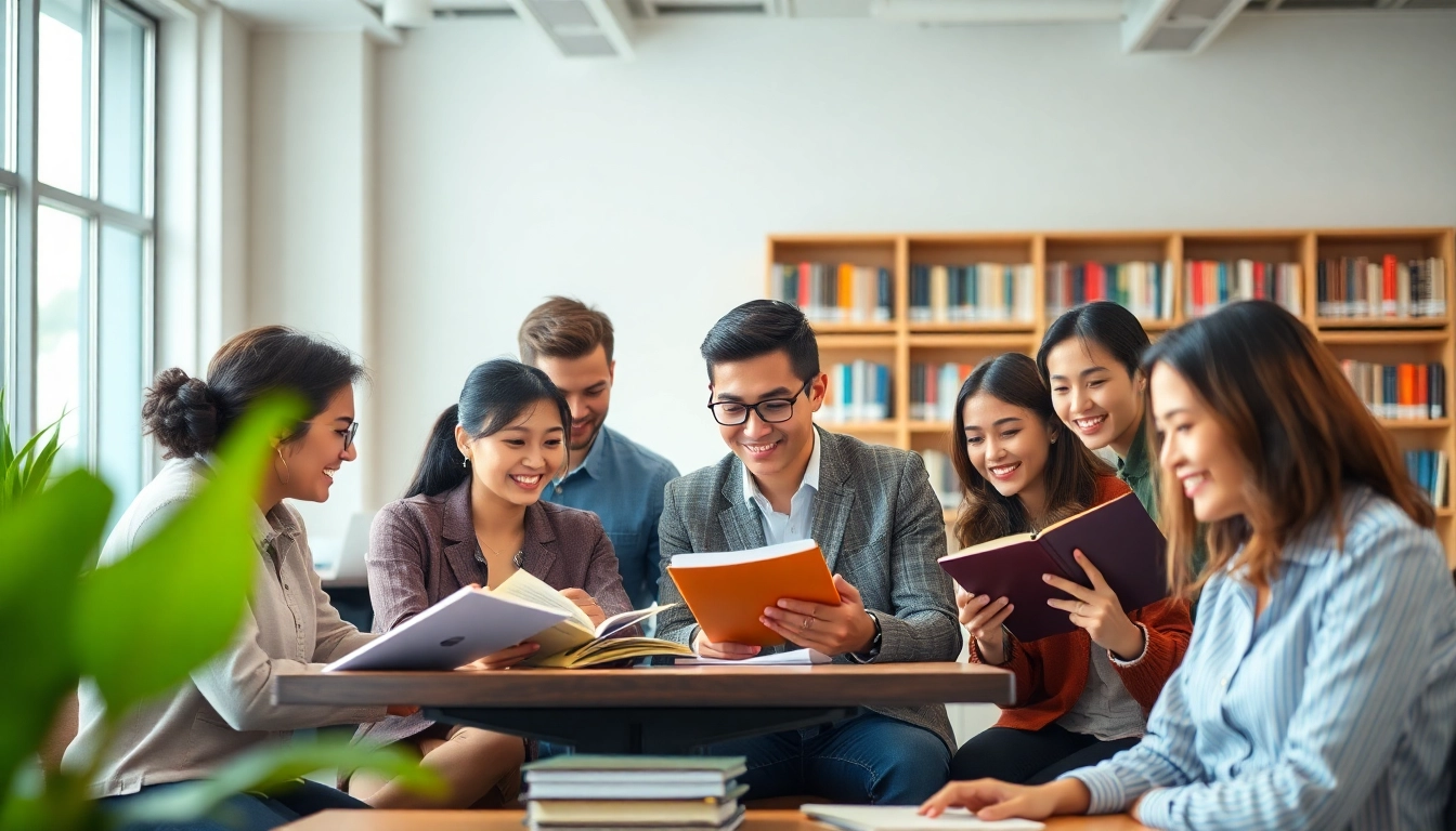 Engaged TOEIC test takers for hire collaborating in a warm, bright office setting.
